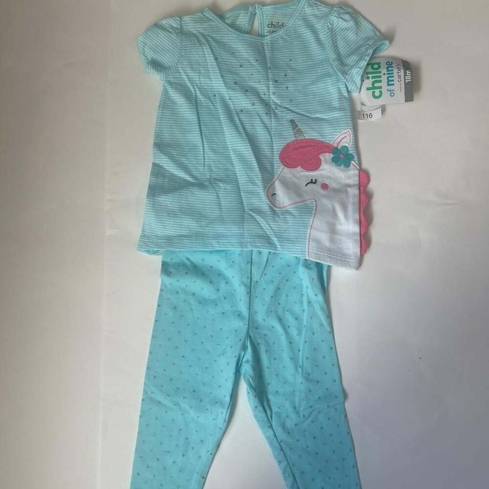 Child of Mine Unicorn Pajama Set 18M Blue Striped Short Sleeve Top Pants